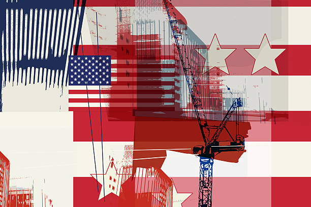 Washington DC, United States – May 25, 2024: A construction crane with an American flag hanging from it against a clear blue sky.