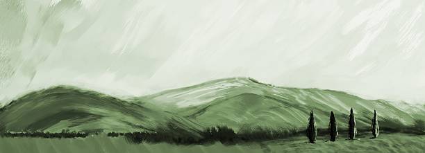 Picturesque mountain landscape with trees in the foreground. Horizontal format