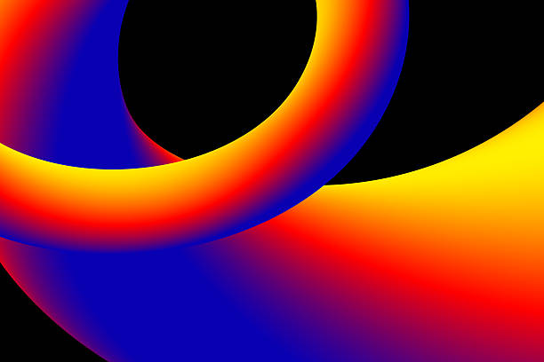 A dynamic 3D gradient design features smooth, intertwined curves blending red, yellow, and blue hues. The shapes possess a glossy texture and create a sense of movement against a black background, conveying a futuristic aesthetic suited for creative projects.