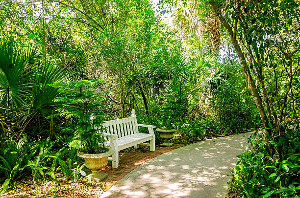 St. Augustine, Florida, USA - Sept. 6, 2019: A bench offers visitors a place to rest at the St. Augustine Lighthouse and Maritime Museum in St. Augustine, Florida.