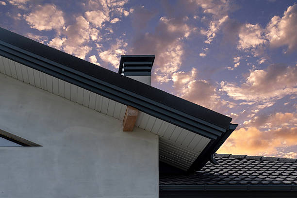 Gable eaves with soffit panel, metal roof tile and chimney