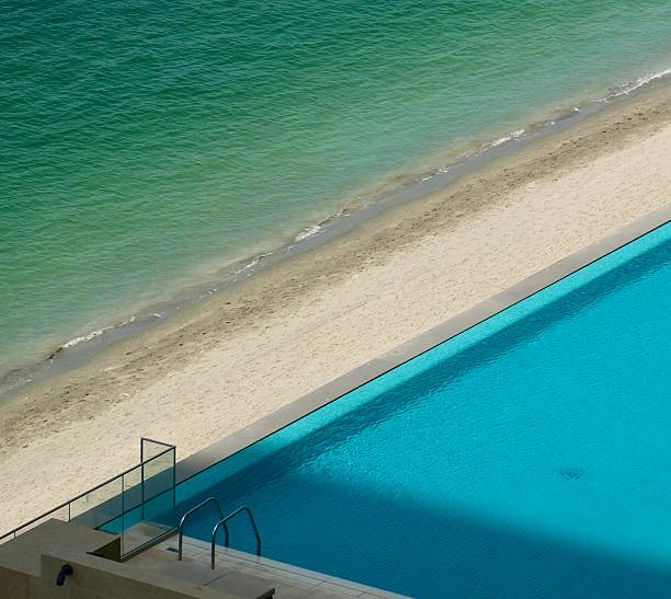 A stunning view of a luxury infinity pool beside a pristine sandy beach, with turquoise ocean waters in the background. The modern design, relaxing lounge chairs, and crystal-clear pool create a serene vacation atmosphere, perfect for themes of travel, leisure, summer holidays, and resort living.
