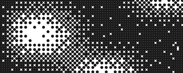 Halftone black and white comic background. Noise grid gradient monochrome design cover. Grain pixel overlay. Dots pattern horizontal banner. Vector gradient illustration.