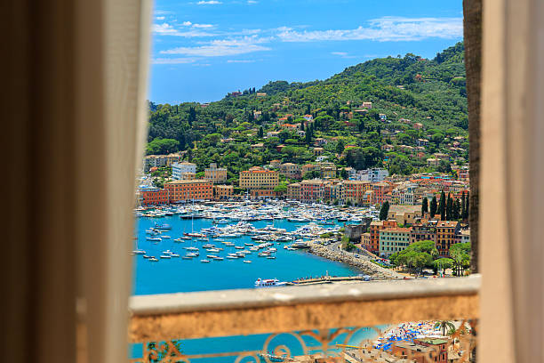 Porto Santo Stefano village, church and castle aerial view, italian travel destination. Monte Argentario, Tuscany, Italy.