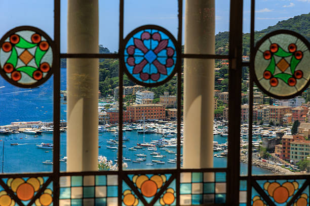 Panoramic view from Grotta di Lord Byron to the Ligurian sea with turquoise waters and the rocks in May, best view in Porto Venere, Liguria, Italy