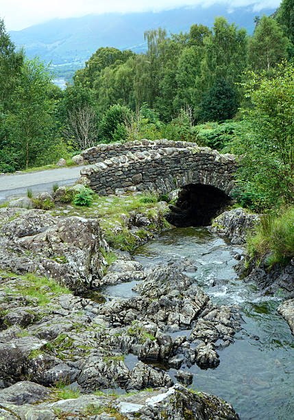 The Ashness Bridge, also known as the Saddlebag bridge, in the Lake District of Cumbria