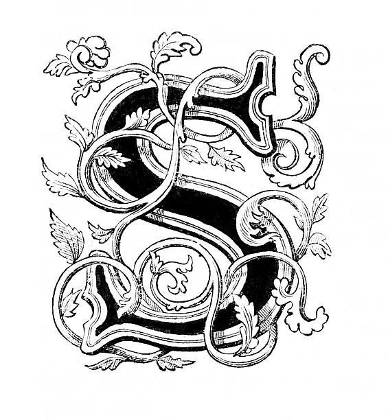 Capital Letter S. Bold. Ornate leaf and vine design. Illustration engraving published 1837. Original edition is from my own archives. Copyright has expired and is in Public Domain.