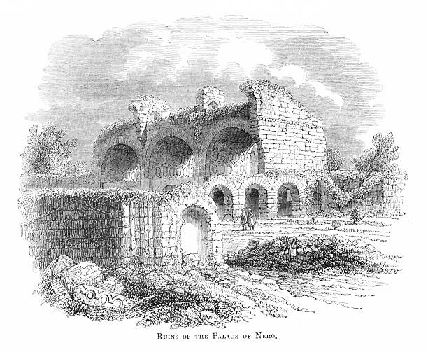 Domus Aurea, Golden House, the palace of Nero was first burnt in 64 AD in Rome, Italy. Nero rebuilt the palace before he died, then it burnt down again in 107 AD.  Woodcut engraving published 1837. Original edition is from my own archives. Copyright has expired and is in Public Domain.