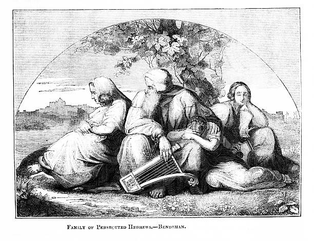 A Jewish family is displaced and a refugee as they are persecuted and driven from their home. Illustration published 1837. Copyright expired; artwork is in Public Domain.