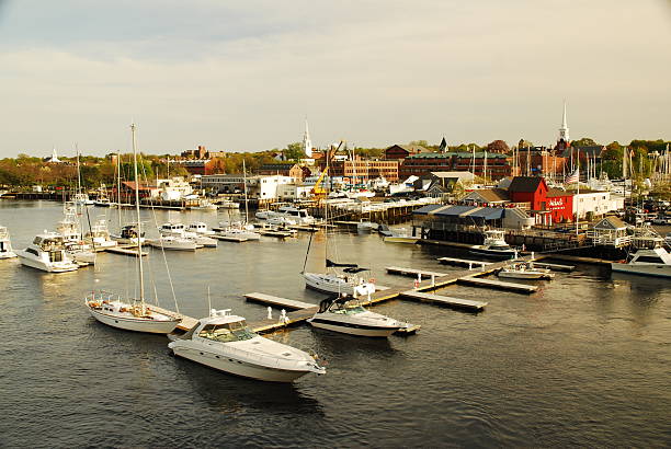 Drone shot of Rockland, a small fishing town in Maine on a sunny morning in Fall.