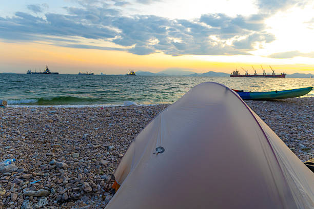Camping tent on white sand sea beach tropical island summer vacation