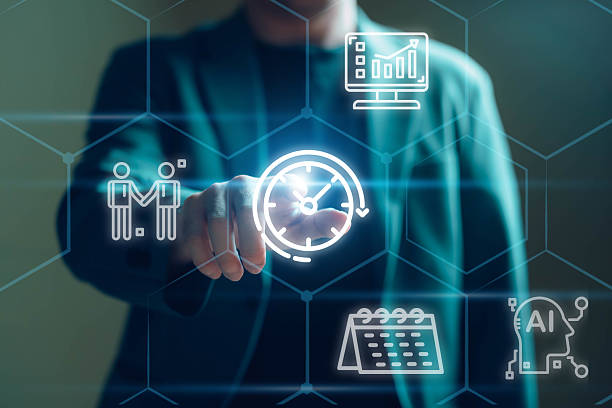 istock Business person with time management activity to improve productivity, process optimization and lean organization. Business and production improvement by time and resource planning for more profit. 2230536832
