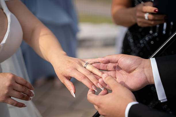 istock Groom placing wedding ring on bride finger during ceremony. 2230537303