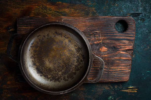istock Metal cast iron pan on a wooden table. Free space for text. Top view. 2230539180