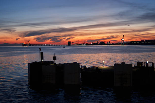 Nighttime view of the illuminated port in St. John, New Brunswick, with cranes and reflections on calm water.