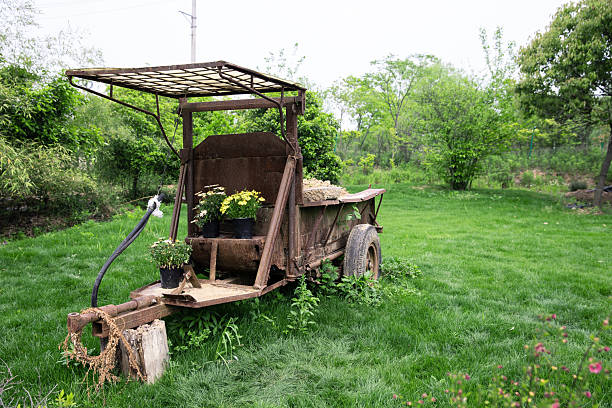 A scrapped tractor is parked on the lawn