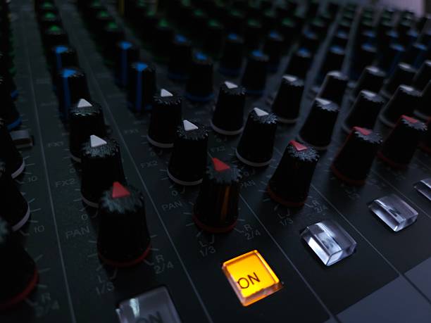 istock Close up of an audio mixing console with multiple control knobs and buttons for sound adjustments. 2230549880
