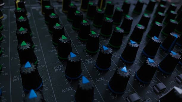 istock Close up of an audio mixing console with multiple control knobs and buttons for sound adjustments. 2230549882