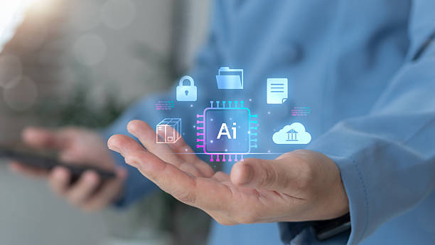 istock Hand holding an AI chip hologram with technology icons representing artificial intelligence, cloud computing, data storage, and digital innovation for business. 2230550217