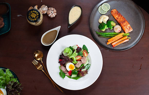 Tuna Salad with Soft-Boiled Egg & Grilled Salmon with Vegetables