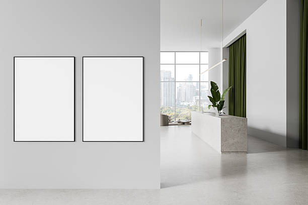 istock Two blank framed posters on gray wall in bright modern interior with green curtains and concrete counter in minimal design space. 3D Rendering 2230553029