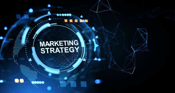 istock Digital marketing strategy concept with futuristic interface elements and glowing blue tech graphics on dark background for business innovation. 3D Rendering 2230553533