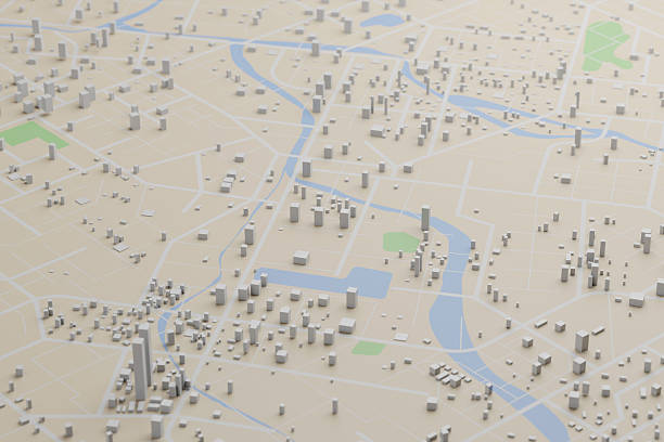 3D rendering city map illustration of a city map created using 3D modeling. Top view of Urban map with main road and sub road detailed representation of a city