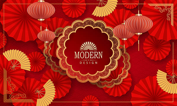 istock An ornate textured red backdrop with a round gold frame and balloon lanterns 2230560560