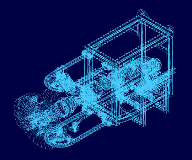 istock A modular 3D model of an electric machine with detailed wireframe suspension system on a clean blue background. The blueprint highlights intricate mechanical components and futuristic design. 2230560660