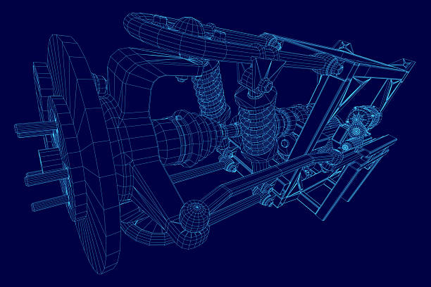 istock A detailed 3D model of a modular car engine with electric motor components, showcasing suspension and wireframe structure on a blue background. The intricate design highlights mechanical. 2230560740