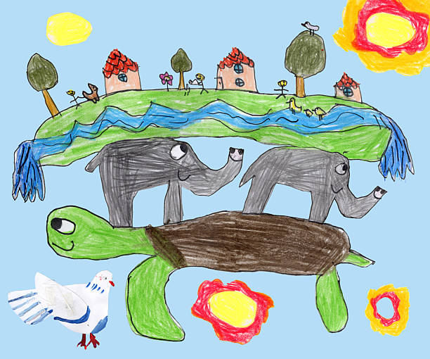 istock The earth rests on elephants, which stand on a turtle. Hand drawn by colored pencils concept of the universe, isolated on a blue background 2230571678