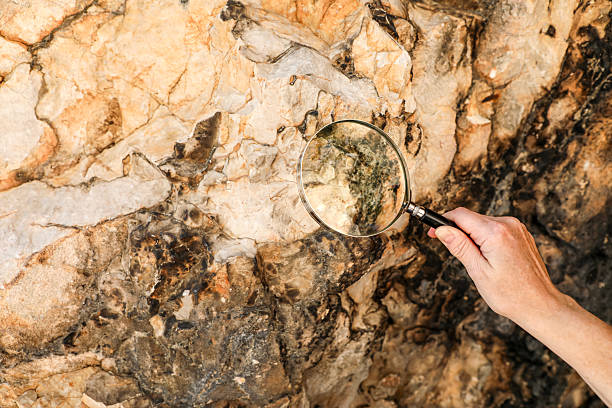 Hand holding magnifying glass examines textured rock surface, showcasing geological patterns and mineral details. Ideal for science, geology, and exploration themes.