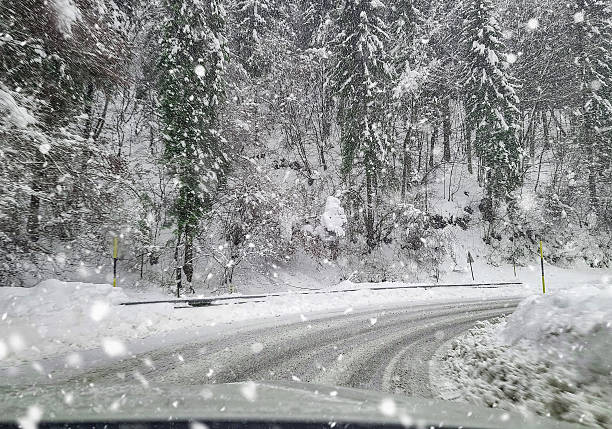 istock Snowy Road in Winter Forest During Heavy Snowfall 2230576297