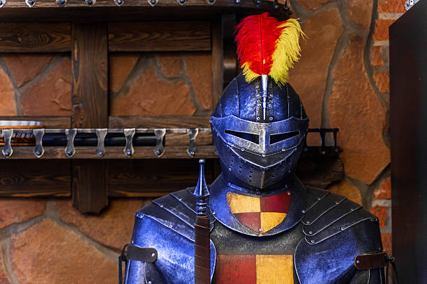 A medieval knight in shining armor brandishing a sword, sparks flying, set against a smoky, dramatic background for an epic scene.