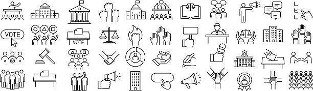 ilustraciones, imágenes clip art, dibujos animados e iconos de stock de conjunto de iconos de contorno político vectorial monocromático - democracia