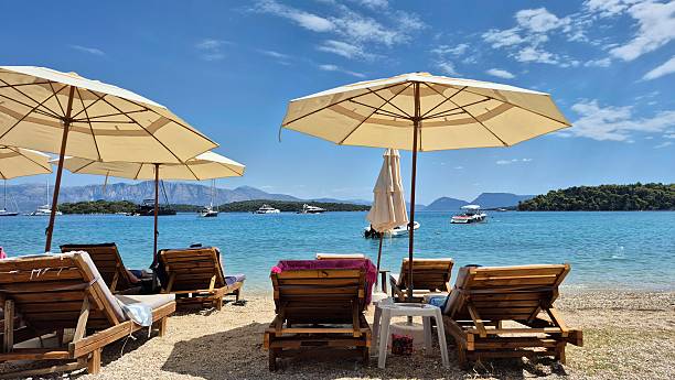 Serene beach scene, vacation themes.
