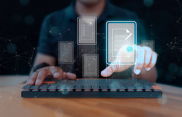 istock Users use information management systems, search engines, and online file transfers on virtual screens, download or share, and digital cloud storage services networks. Technology analysis concept. 2230580168