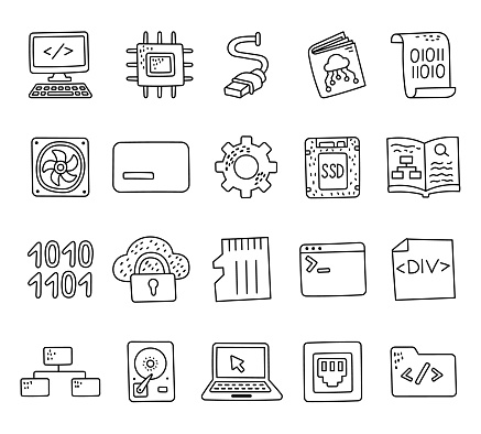 Informatics Set In Outline Line Art With Diverse Computer Hardware ...