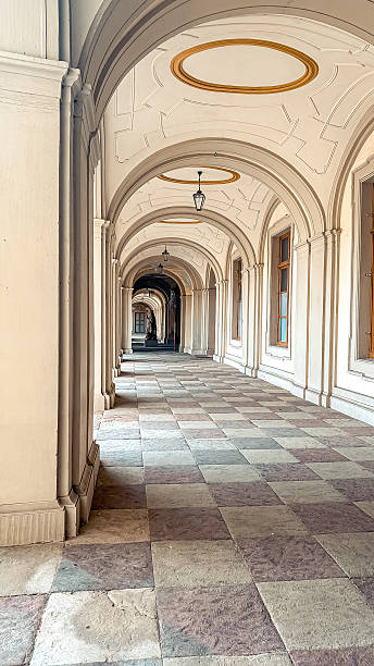 istock Elegant architectural corridor with arched ceilings and patterned stone flooring, showcasing a serene passageway filled with natural light and historical charm 2230585696