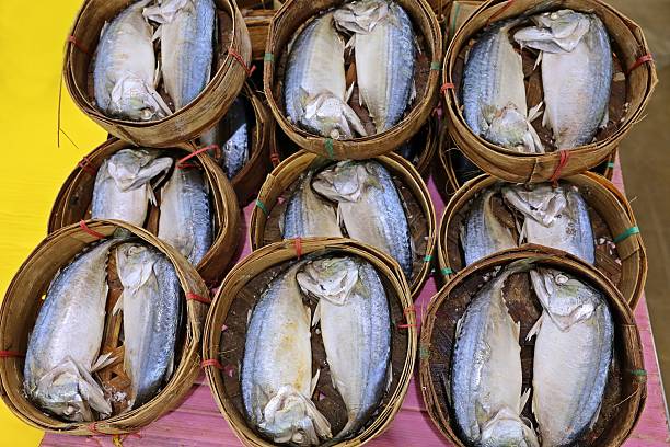 Mackerel fish in baskets - Bangkok fresh market.