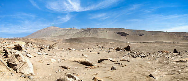 Majes, Peru, November 7, 2021: Panoramic view of the archaeology site of Toro Muerto in Majes Valley. The site is a collection of ancient petroglyphs dating back to the Wari culture active from 500 to 1000 CE.