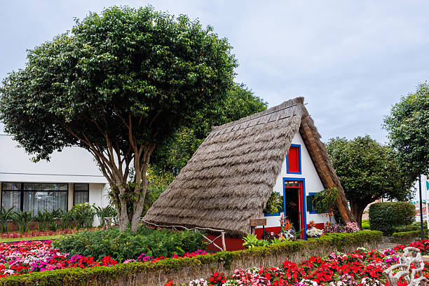 Santana, Madeira, Portugal  July 11, 2025; A traditional, brightly colored pyramid-shaped house surrounded by lush flowers and trees.