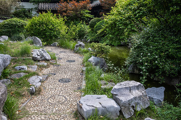 Garden path with bush flowerbed
