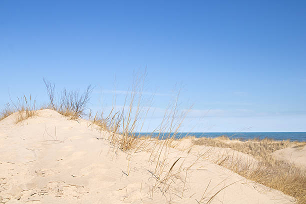 Looking down at Lake Superior from the top of sand dunes at Pictured Rocks national lakeshore. View of Lake Superior from the enormous sand dunes at Pictured Rocks national lakeshore.