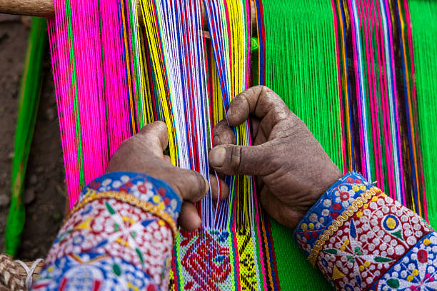 view of Indian man weaving cloth on Hand loom machine
