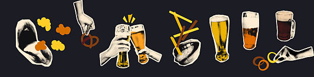 stockillustraties, clipart, cartoons en iconen met beer with snacks halftone collage set vector illustration - bier