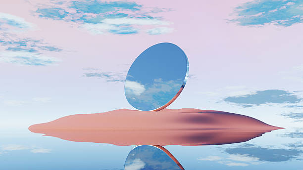 istock 3D render giant circular mirror sculpture on pink sand with sky reflection 2230625875