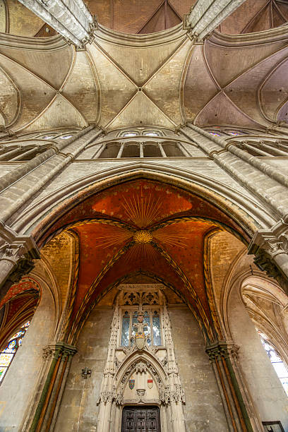 istock Impressive gothic architecture of Bourges Cathedral ceiling showing ribbed vaults and red painted keystone in France 2230626274
