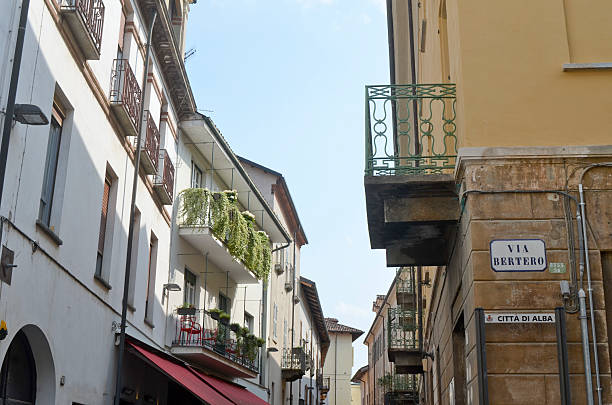 Street with balconies in Alba, Italy