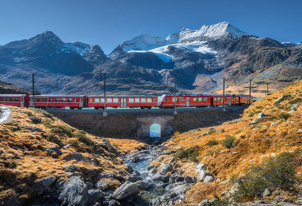 Bernina Express train crossing alpine landscape with glacier
